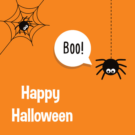 Happy Halloween vector lettering with spider and web. Vector Illustration for Haloween invitation card, banner, poster, greeting card.のイラスト素材
