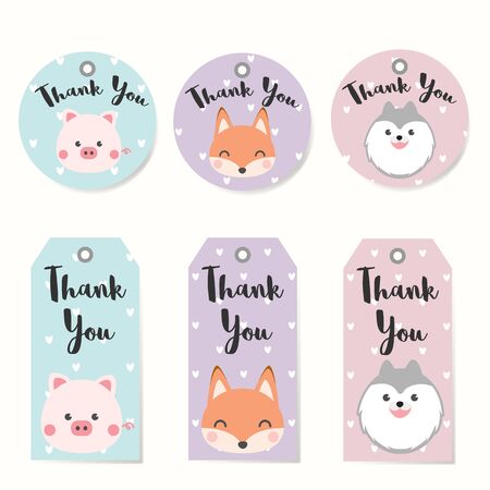 Set of Label Tags with animals  character design. Thank you tags for wedding, birthday, baby shower, label, printable tags or party invitations. Cute Tags on Pastel heart pattern background.のイラスト素材