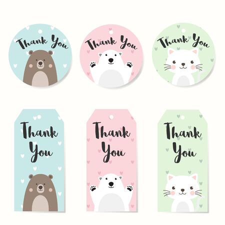 Set of Label Tags with animals  character design. Thank you tags for wedding, birthday, baby shower, label, printable tags or party invitations. Cute Tags on Pastel heart pattern background.のイラスト素材