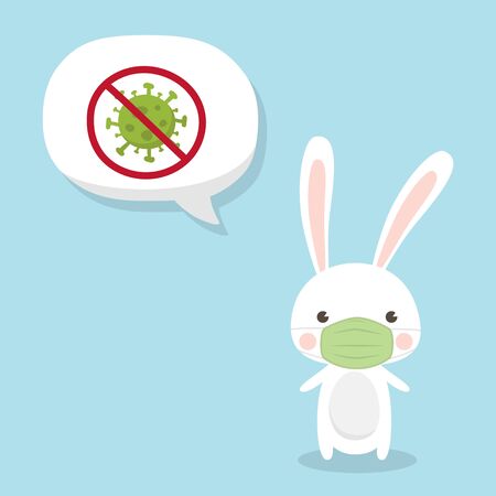 Cute Rabbit character wearing medical mask on sky blue background. Coronavirus (COVID-19) Vector Illustration.のイラスト素材