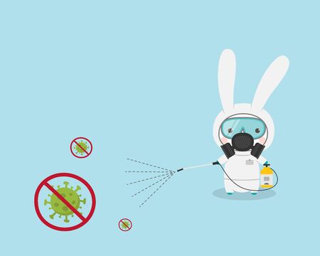 Rabbit Cartoon Character Cleaning and Disinfecting Virus. A Cute Rabbit wearing  protective mask and hazmat suit spray disinfectant to protect against the novel coronavirus (COVID-19 disease).のイラスト素材