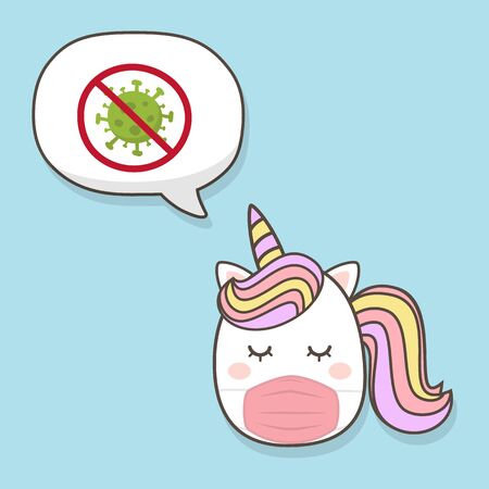 Cute unicorn wearing medical mask Cartoon Character vectors with pastel rainbow. Coronavirus (COVID-19) Vector Illustration.  Kawaii Filly Unicorn, Fairytale pony.のイラスト素材