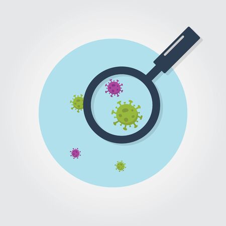 Coronavirus (COVID-19) Vector Illustration. Search Corona virus with magnifier. COVID-19 prevention concept.のイラスト素材