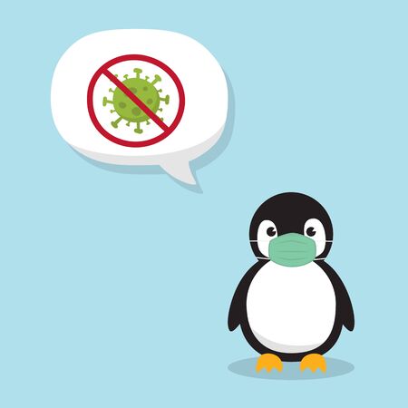 Cute Baby Penguin wearing medical mask on sky blue background. Coronavirus (COVID-19) Vector Illustration.のイラスト素材