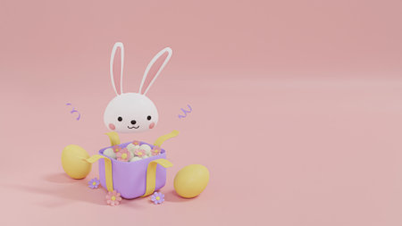 Easter bunny with easter eggs and flowers on pink background. 3D Renderの写真素材