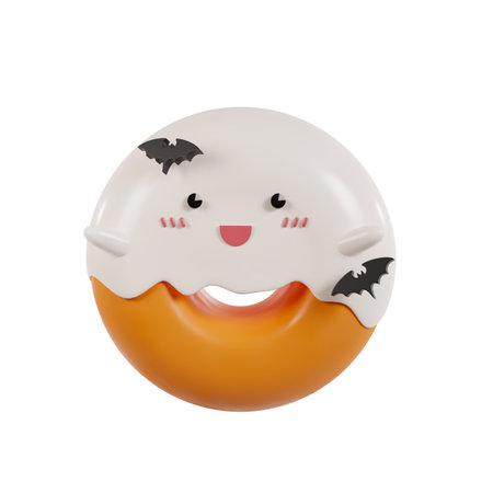 Cute Halloween Donut with Ghost and bats. 3D Illustration.の写真素材