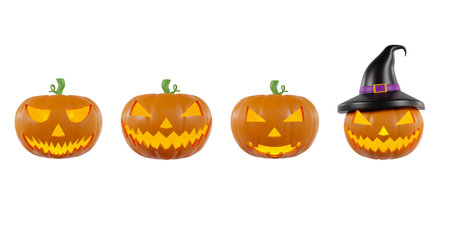 Cute Halloween Pumpkins. Jack o'lantern 3D Illustration.の写真素材