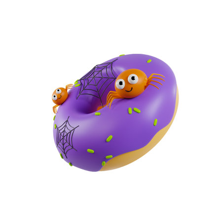 Cute Halloween Donut with Spider and spider web. 3D Illustration.の写真素材