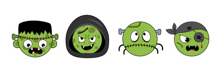 Zombie cartoon character vector illustration. Cute green zombie with different emotions.のイラスト素材