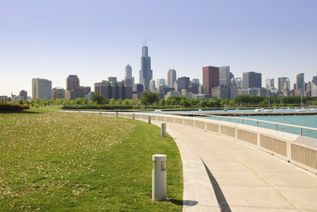 Chicago cityscape along with lake shore and Lake Michiganの写真素材