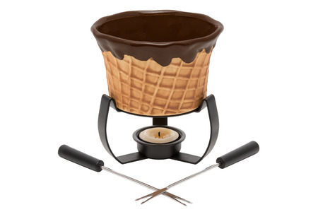 Unusual modern ceramic Fondue pot with forks isolated on whiteの写真素材