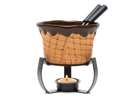Unusual ceramic Fondue pot with forks isolated on whiteの写真素材