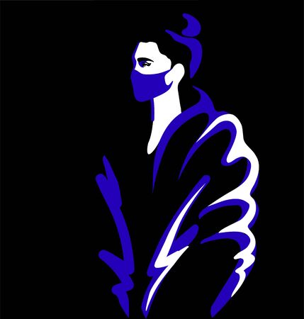 Woman in medical mask and oversize coat on a dark background. Minimal style, silhouette - line, spot. Blue white and black color.のイラスト素材