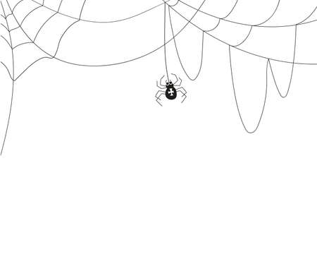 Vector illustration on the theme of Halloween. Black and white spider hanging on a spiderweb in cartoon style. suitable for creating site presentations and bannersのイラスト素材