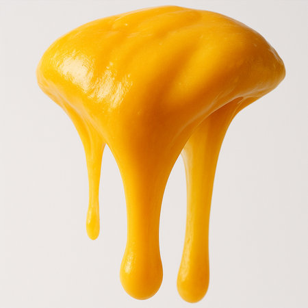 Close-up of yellow paint dripping on white background with copy spaceの素材