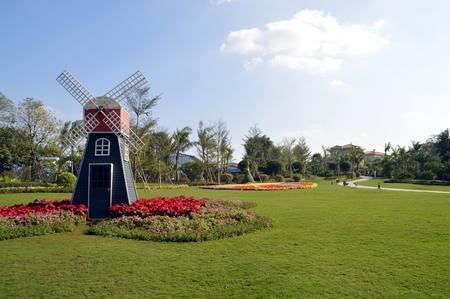 Landscape view of a garden with windmillのeditorial素材