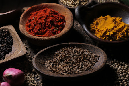 Spices and herbs on wooden background. Food and cuisine ingredients.の写真素材