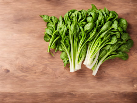 Bunch of fresh baby spinach on wooden background. Top view.の素材