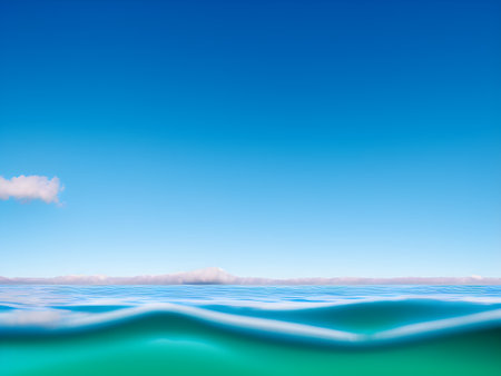 Blue sea and sky with clouds reflected in water, 3d illustrationの素材
