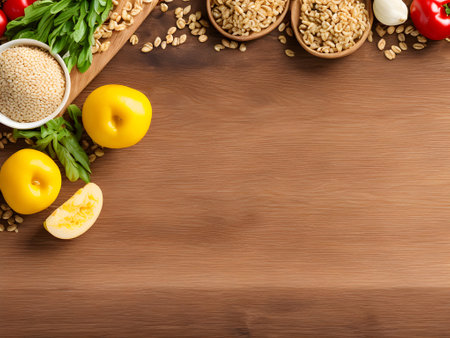 Healthy food ingredients on wooden background. Top view with copy spaceの素材