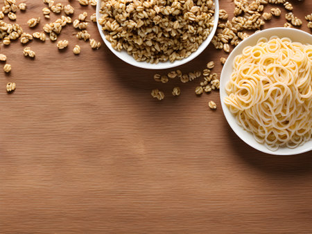 Whole wheat pasta in white bowl on wooden background. top viewの素材