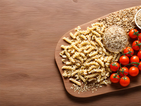 Fusilli pasta with tomatoes and sesame seeds on wooden boardの素材