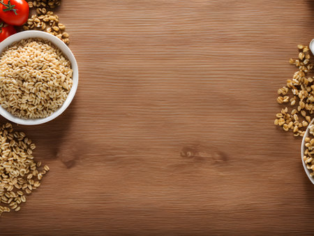 Top view of raw pasta in bowl on wooden background with copy spaceの素材