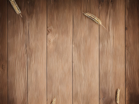 Ears of wheat on wooden background with copy space. top viewの素材