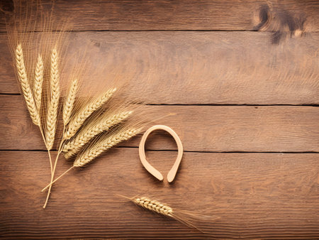 ears of wheat on wooden board background with copy space for your textの素材