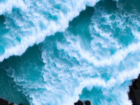 Fantastic blue ocean wave with white foam on black sand beachの素材