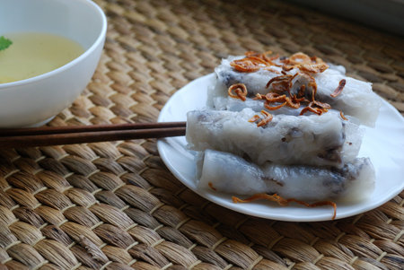 Banh cuon-vietnamese steamed rice rolls with minced meat.の写真素材