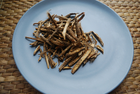Fang feng or saposhnikovia divaricata siler roots close up look on neutral background.の写真素材
