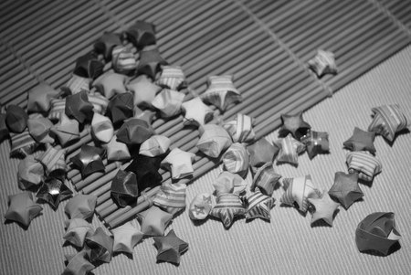Black and white lucky stars and other origami figures.の写真素材
