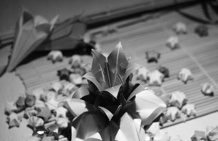 Black and white lucky stars and other origami figures.の写真素材