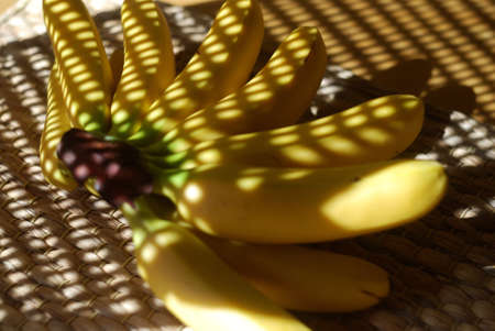 Bunch of bright yellow banana on a bamboo basket shadowの写真素材