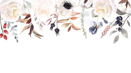 Watercolor hand painted green floral banner with green leaves, herbs, branches, wildflowers and berries. Arrangements with watercolor flowers. Illustration isolated on white background.の写真素材