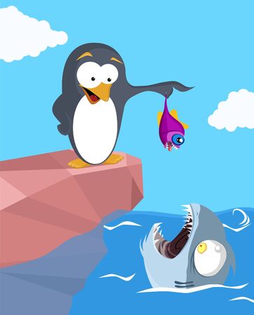 A cartoon illustration in which penguin standing on the rock cliff, offering small fish to deadly shark. の写真素材