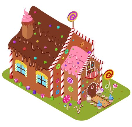 Isometric view of colorful Gingerbread house decorated with choclate, gems, sweets, candys, wafers, lolypops and delicious cupcakes.の写真素材