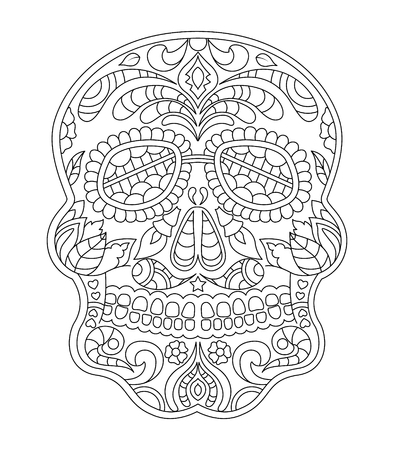 hand drawn mexican sugar skull with pattern on the face as isolated vector fileのイラスト素材