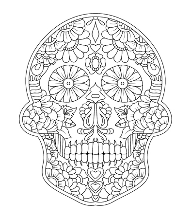 hand drawn mexican sugar skull with pattern on the face as isolated vector fileのイラスト素材