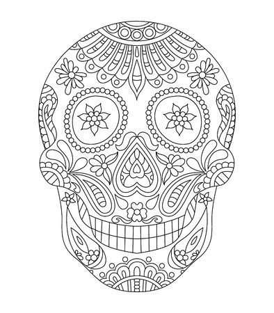hand drawn mexican sugar skull with pattern on the face as isolated vector fileのイラスト素材
