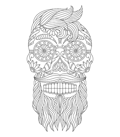 Hand drawn Mexican sugar skull with hair and mustache Design elements label, emblem, poster, t-shirt. Vector illustrationのイラスト素材