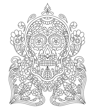 Hand drawn Mexican sugar skull with pattern on the face as isolated vector fileのイラスト素材