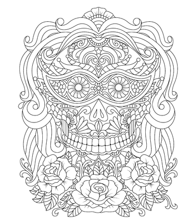 Hand drawn Skull of girl with Flowers Pattern.Mexican holiday Day of the Dead. isolated vector fileのイラスト素材