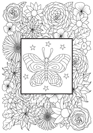 Hand drawn butterflies With flowers for the anti stress coloring page. Design elements label, emblem, poster, t-shirt. Vector illustrationのイラスト素材