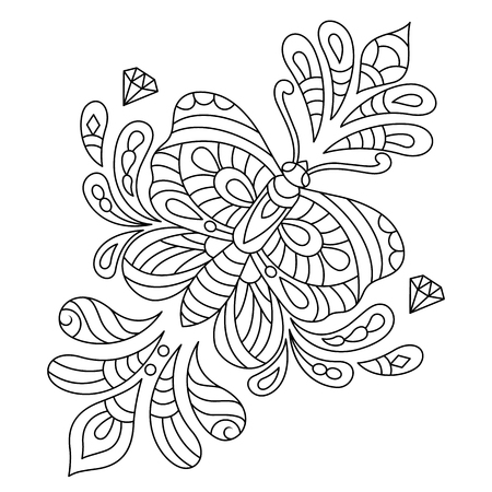 Hand drawn butterflies With floral design for the anti stress coloring page. Design elements label, emblem, poster, t-shirt. Vector illustrationのイラスト素材