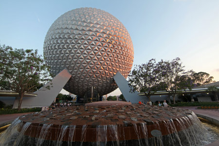 ORLANDO, FLORIDA - May 9th, 2011 - Spaceship Earth with water feature in front at Epcot, Walt Disney...
