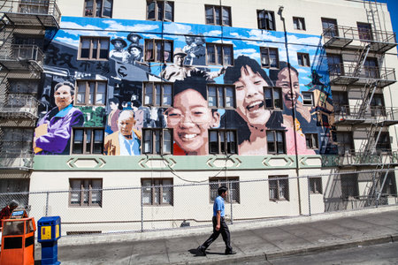 San Francisco, CA, USA  August 24, 2010: The Ping Yuen Mural on Stockton Street in Chinatown San Franciscoのeditorial素材