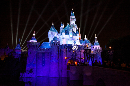 ANAHEIM, CALIFORNIA - September 20th 2015 - The Disneyland Castle at night celebrating the 60th anniversary.のeditorial素材