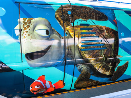 ANAHEIM, CALIFORNIA - May 25th, 2018 - Disneyland's Monorail with Finding Nemo wrap featuring Nemo...